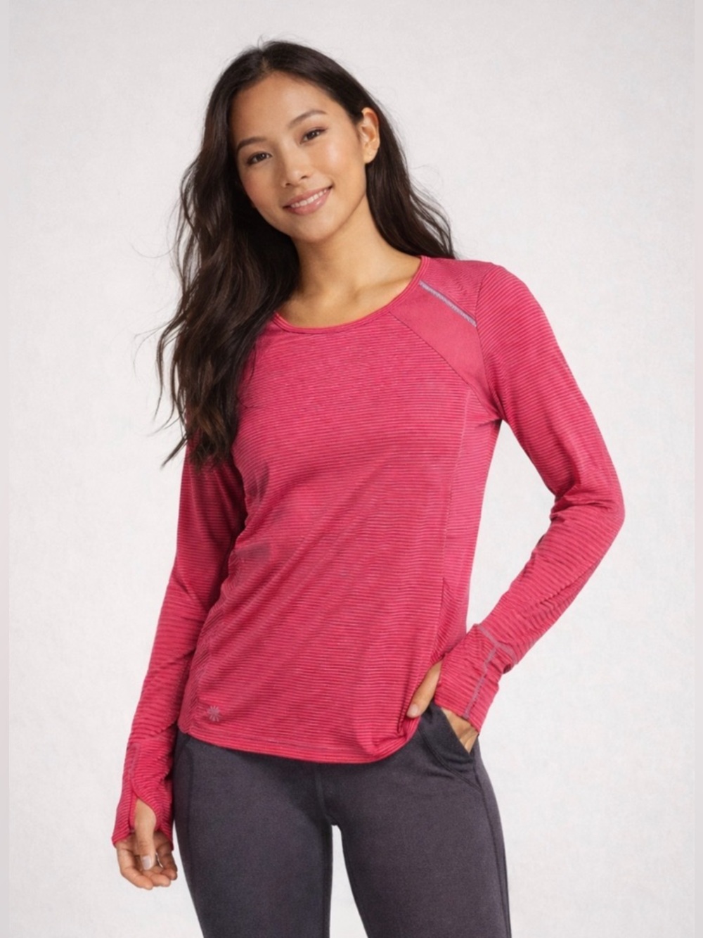 Athleta XXS Pink Striped Athletic Top Thumbholes Workout Yoga